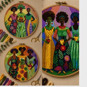 May include: Three circular embroidery hoops featuring cross-stitch patterns of three women holding potted plants. The designs showcase vibrant, colorful dresses with floral and geometric motifs, rendered in detailed needlework on fabric.