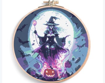 Halloween Witch Cross Stitch Pattern,Spooky Witch Design for Halloween ,Beginner-Friendly PDF,Witchcraft-Themed Cross Stitch for Wall Art