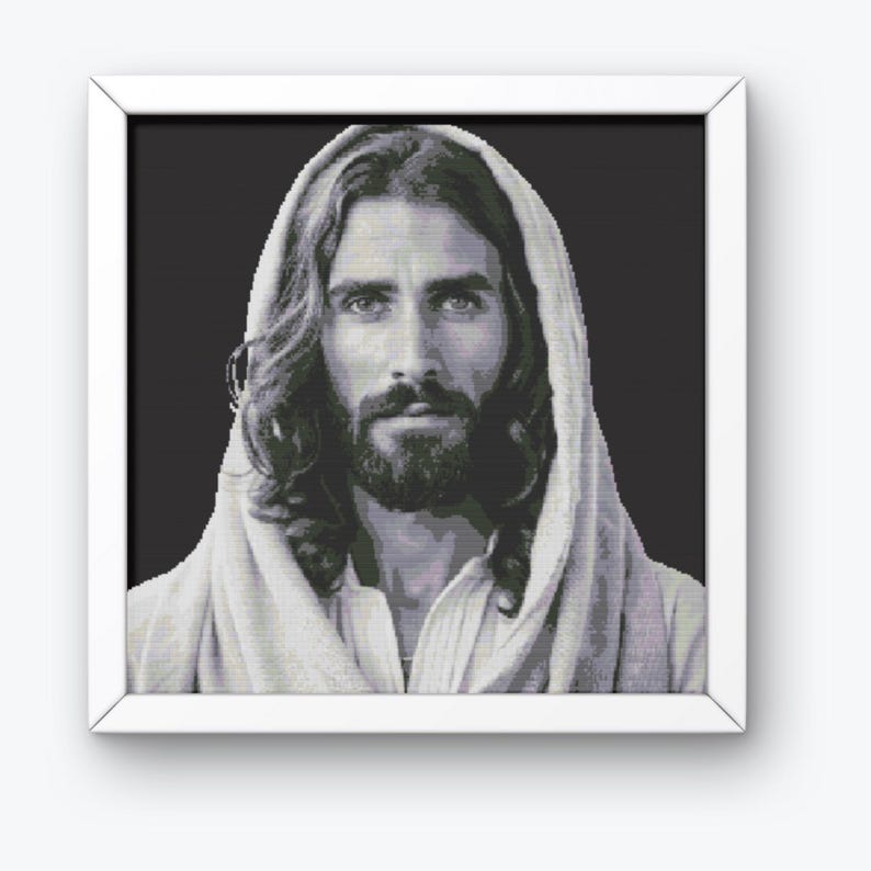 May include: A black and white portrait of Jesus Christ with long hair and a beard. He is wearing a white robe and has a serious expression on his face.