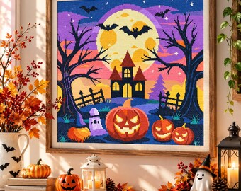 Halloween Haunted House Cross Stitch Pattern PDF, Jack O Lantern Embroidery, Spooky Night Decor, Instant Download, DIY Pattern