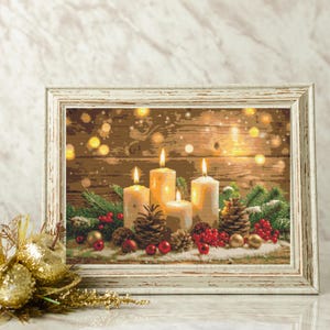 Padrão de ponto cruz para velas de Natal, cena festiva à luz de velas com frutas verdes e festivas, decoração de Natal aconchegante perfeita,