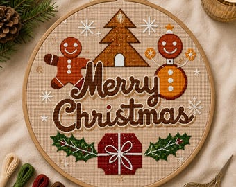 Gingerbread Christmas Cross-Stitch Pattern – Festive Holiday Scene (PDF Download)