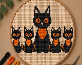 Halloween Cat Pattern, Cat Cross Stitch Pattern, Halloween Cross Stitch, Cross Stitch Chart, Cross Stitch, Halloween, Cat Pattern