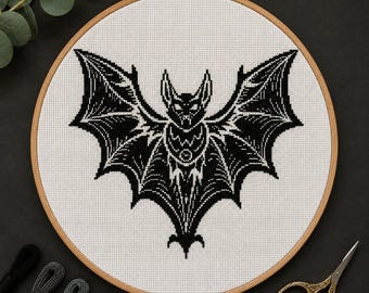 Gothic Bat Cross Stitch Pattern PDF, Halloween Bat Embroidery, Witchcore Decor, Blackwork Style, Instant Download, DIY Pattern