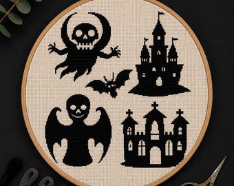 ハロウィン コウモリと幽霊のクロスステッチパターンセット（デジタルダウンロード）