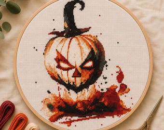 Scary Pumpkin Cross Stitch Pattern, Halloween Witch Jack O Lantern,Gothic Halloween Embroidery, Halloween Cross Stitch, Witch Pumpkin