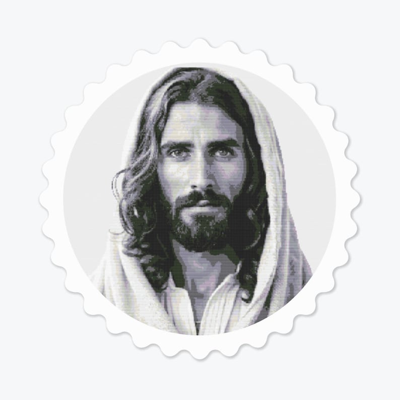 May include: A black and white portrait of Jesus Christ with long hair and a beard, wearing a white robe. The image is in a circular frame with a scalloped edge.