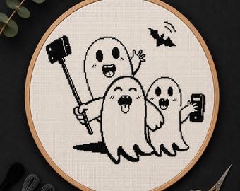 Cute Ghost Selfie Cross Stitch Pattern, Halloween (Digital Download)