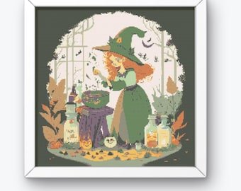 Witch Cross Stitch, Witch , Cross Stitch Pattern, Halloween Cross Stitch, Cross Stitch Halloween, Cross Stitch Chart, Halloween,  Witch