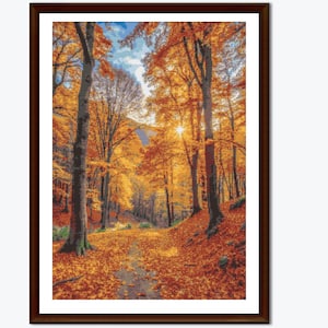 May include: A path through a woodland with tall trees and golden leaves. The sun shines through the branches, creating a warm glow.