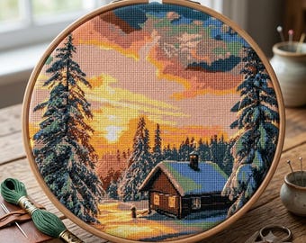 May include: A circular wooden embroidery hoop containing a cross-stitch piece depicting a winter cabin scene at sunset. The design features snow-covered pine trees, a small cabin with glowing windows, and a sky filled with orange and blue hues.