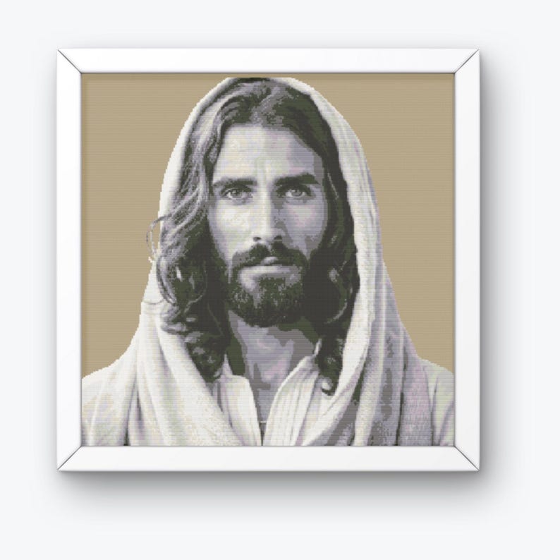 May include: A black and white portrait of Jesus Christ with long hair and a beard. He is wearing a white robe and has a gentle expression on his face.