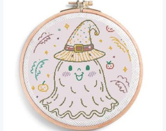 Halloween Ghost Cross Stitch Pattern, Witch Hat Skeleton Embroidery Chart (Digital Download)