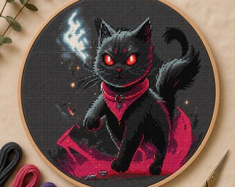 Black Cat Halloween Cross Stitch Pattern, Cat Cross Stitch (PDF Download)