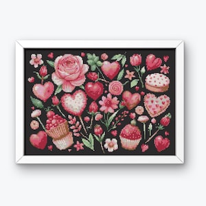 Cross Stitch Cake, Flowers Cross Stitch, Heart Cross Stitch, Rose Cross Stitch, Cross Stitch Cupcake, Easy Cross Stitch, Cross Stitch Chart,