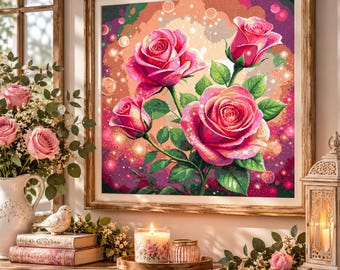 May include: A square framed diamond painting featuring three vibrant pink roses with green leaves against a glowing, bokeh-style background of orange, purple, and pink hues with sparkling light effects throughout the floral composition.