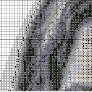 May include: A cross-stitch pattern featuring a black and white image of a wolf's head with a detailed design of fur and teeth. The pattern is on a grid with black and white squares.