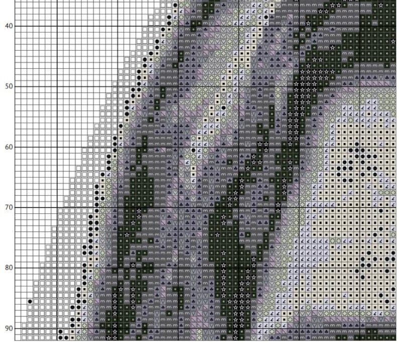 May include: A cross-stitch pattern featuring a black and white image of a wolf's head with a detailed design of fur and teeth. The pattern is on a grid with black and white squares.