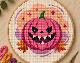 Pink Kürbis Kreuzstichmuster Halloween Geist Stickvorlage PDF