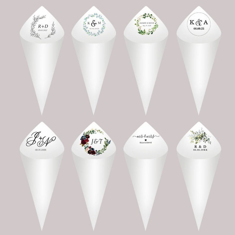 30Pcs Wedding confetti cones Handcrafted Personalised Initials White Paper Size 16x16cm zdjęcie 6