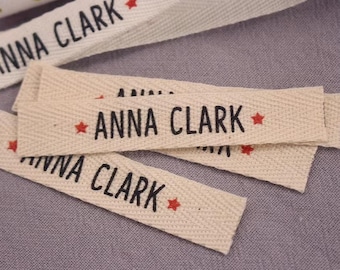 Etiquetas de costura de sarga de algodón personalizadas: etiquetas de tela personalizadas, 12 x 70 mm