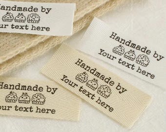 Etiquetas personalizadas de sarga de algodón: costura, tejido y crochet (25 x 70 mm)