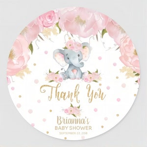 Adesivi di ringraziamento personalizzati per l'elefante ad acquerello rosa Etichette personalizzate per bambina Doccia - Bomboniera rotonda Adesivi di ringraziamento