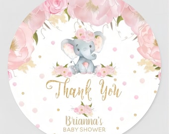 Pink  Watercolor  Elephant Personalized Thank You Stickers Baby Girl Custom Labels Shower - Round Party Favor Thank You Stickers