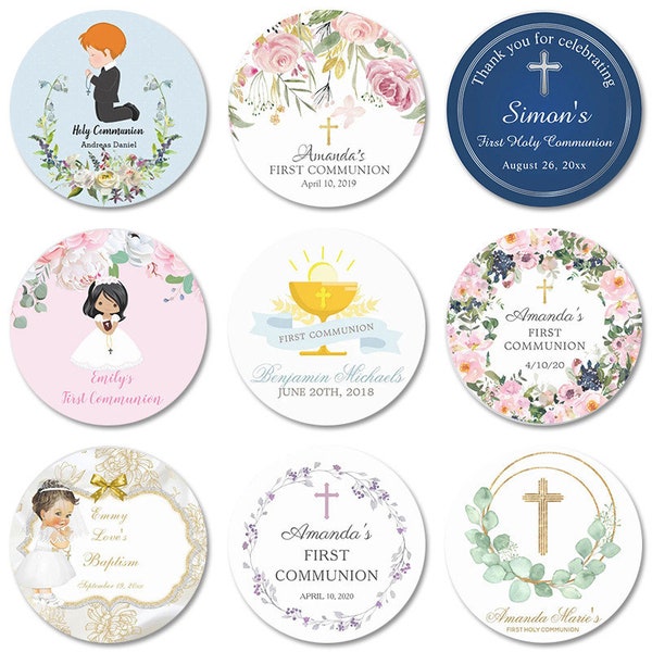 Étiquettes personnalisées de faveur de première communion de nom, autocollants de première communion, autocollant imperméable d'étiquettes de première communion de 1,5 ~ 3 pouces