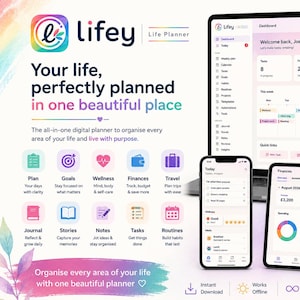 May include: A digital life planner interface displayed on a laptop, tablet, and smartphone. The screen shows a dashboard with tasks, wellness scores, and financial charts. Text includes Lifey Life Planner, Your life, perfectly planned in one beautiful place, and various category icons for planning, goals, wellness, finances, travel, journal, stories, notes, tasks, and routines.
