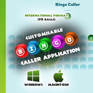 Op de afbeelding: Digitale bingo-caller applicatie-interface in groen en blauw. De interface toont "Bingo Caller", "Internationaal Formaat (90 Ballen)" en "Aanpasbare Caller Applicatie". Compatibel met Windows en Macintosh.