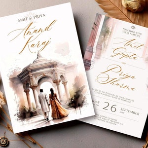 Convites de casamento indianos Anand Karaj em aquarela, convites de casamento indianos, convites de casamento Sikh, convites hindus, modelos de casamento Punjabi Canva