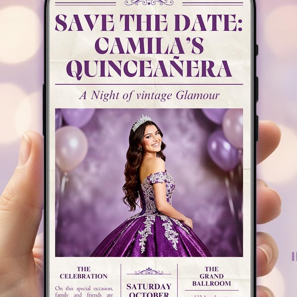 Einladungsvorlage für die Quinceañera (Sweet the Date) • Lila Vintage-Ankündigung zum 15. Geburtstag • Geburtstag im Zeitungsstil • Digitaler Download mit Foto