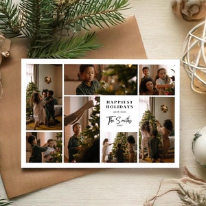 Frohe Feiertage Fotokartenvorlage, bearbeitbare minimalistische Feiertagsgrußkarte zum Ausdrucken, moderne Weihnachtscollagekarte, SOFORTIGER DOWNLOAD