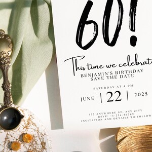 Save The Date 60th Birthday Template,Modern Invitation,Unique Minimalist Editable Bday,Black and White Invitation,Printable Digital Download