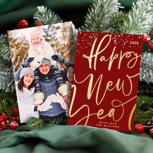 Gelukkig nieuwjaarskaartfoto, rode en gouden afdrukbare kerstfotokaart, familiewenskaart, digitale kerstkaart, nu bewerken