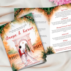 以下が含まれることがあります： アナヤ＆カランのヒンドゥー教結婚ガイド。アーチに向かって歩くカップルのイラストが特徴です。ガイドには、儀式、日付、時間に関する詳細が含まれています。