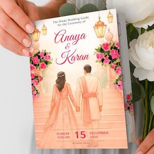 May include: A wedding guide held by a person. The guide features the names "Anaya & Karan" in elegant script, with the text "The Hindu Wedding Guide for the Ceremony of" above. The date "December 15, 2025" is also visible.