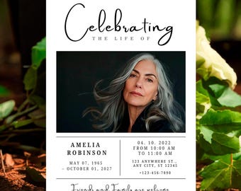 Celebration of Life Card Template Memorial Flyer Minimalist Funeral Announcement Invitation Editable Photo Memorial Service Invite for Her