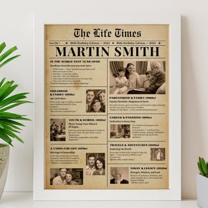 80th Birthday Timeline Newspaper Poster Template | The Life Times Printable | 80 Years Ago Infographic Vintage Birthday Sign for Dad,Grandpa