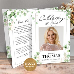 Editable Funeral Program Template, Funeral Memorial, Green Order of Service,Foto Celebration of Life Program,Greenery In Loving Memory Card