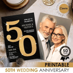 50th Wedding Anniversary Invitation With Foto Elegant Card Golden Editable Digital Template Instant Download E invite