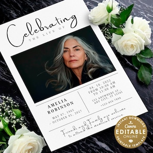 Plantilla de tarjeta de celebración de la vida, folleto conmemorativo, invitación minimalista para anuncio de funeral, foto editable, invitación a servicio conmemorativo para ella