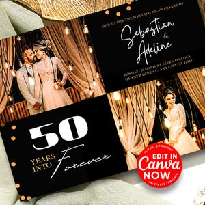 50th Wedding Anniversary Invitation With Foto Elegant Card Golden Editable Digital Template Instant Download Customizable Gold Photo Card