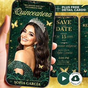 Peut inclure: Invitation numérique pour une quinceañera. L'image présente une femme souriante portant une tiare et une robe vert émeraude. L'invitation comprend des papillons dorés, des roses et du texte doré. D'autres cartes sont également présentées.