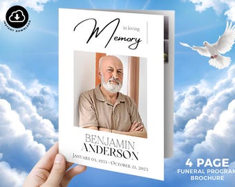 Modelo de programa funerário minimalista, folheto de celebração da vida, panfleto memorial editável do Canva, modelo unissex moderno e de memória amorosa