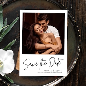Invitación para guardar la fecha - Estilo Polaroid moderno - Plantilla editable