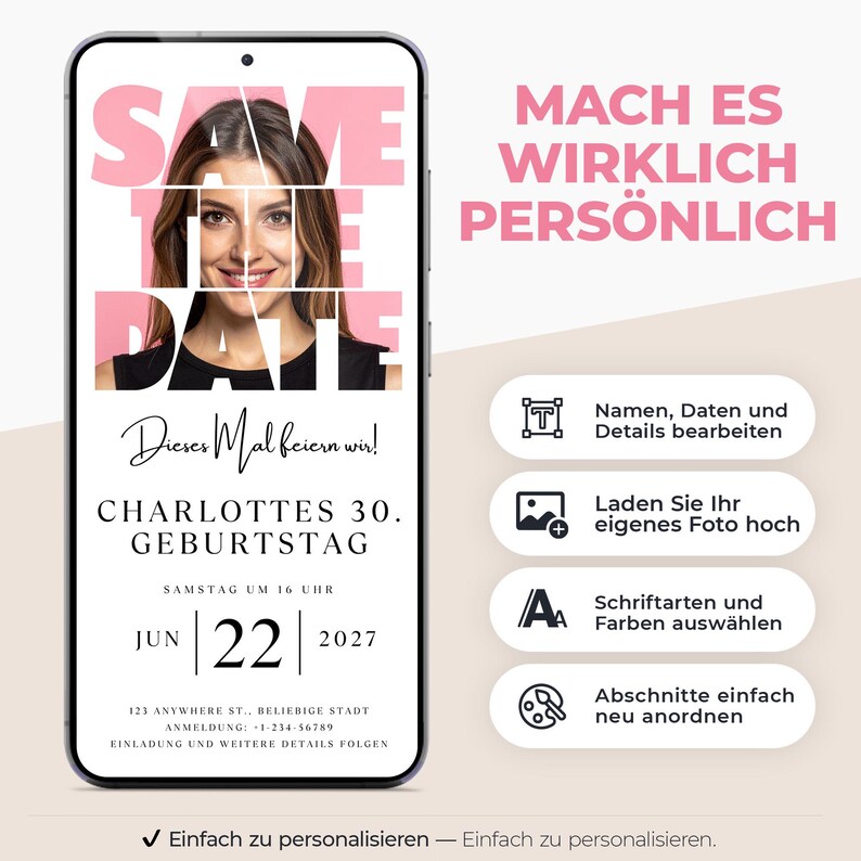 Minimalist 30th birthday save the date invitation for women featuring photo collage layout, modern digital Canva template editable online, phone-friendly birthday invite