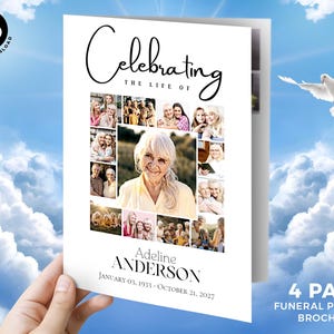 Elegant Funeral Program Template Foldable – Celebration of Life Obituary, Photo Collage, Order of Service, Black & White, In Loving Memory