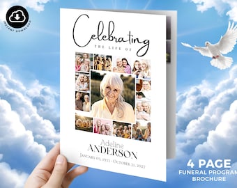 Elegant Funeral Program Template Foldable – Celebration of Life Obituary, Photo Collage, Order of Service, Black & White, In Loving Memory